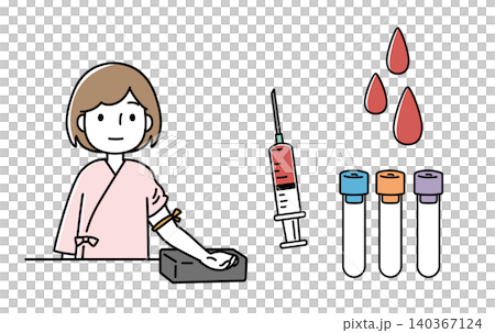 An illustration of a woman wearing a medical gown having her blood drawn. An illustration of a woman wearing a medical gown having her blood drawn. 140367124
