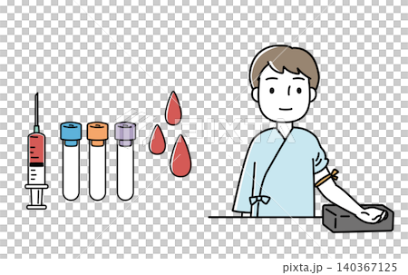 An illustration of a man wearing a medical gown having blood drawn. An illustration of a man wearing a medical gown having blood drawn. 140367125