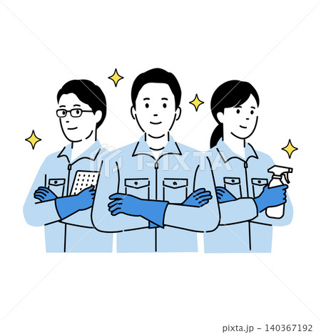 作業着と手袋の三人のチームイラスト、ベクター 作業着と手袋の三人のチームイラスト、ベクター 140367192