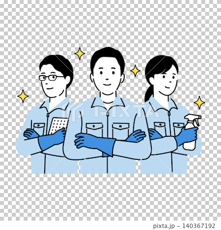 作業着と手袋の三人のチームイラスト、ベクター 作業着と手袋の三人のチームイラスト、ベクター 140367192