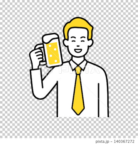 一位年輕的男上班族舉杯啤酒。 140367272