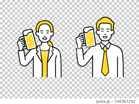 A male and female office worker toast with beer. A male and female office worker toast with beer. 140367292