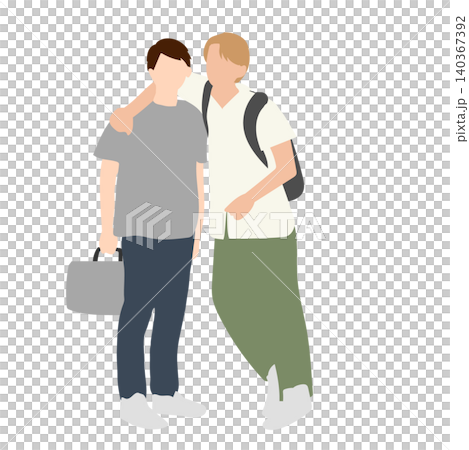 肩を組んで歩く若い男性2人のイラスト 肩を組んで歩く若い男性2人のイラスト 140367392