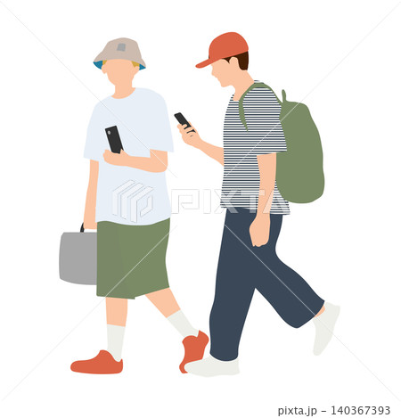 スマートフォンを見ながら歩く若者2人のイラスト 140367393