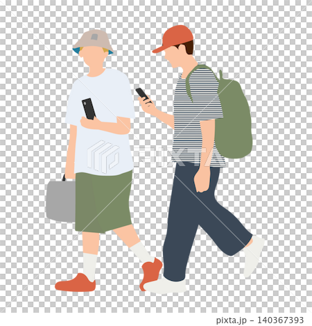 スマートフォンを見ながら歩く若者2人のイラスト 140367393