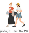 コーヒーを持って会話しながら歩く若い女性2人のイラスト 140367394