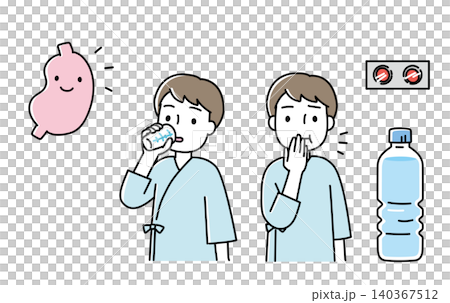插圖描繪了一名身穿醫用長袍的男子準備接受胃部X光檢查。 插圖描繪了一名身穿醫用長袍的男子準備接受胃部X光檢查。 140367512