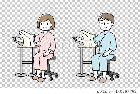 一幅插圖,描繪了一男一女穿著病號服正在測量血壓。 一幅插圖,描繪了一男一女穿著病號服正在測量血壓。 140367765