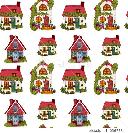 Charming Cottage Pattern with Red Roofs 140367784