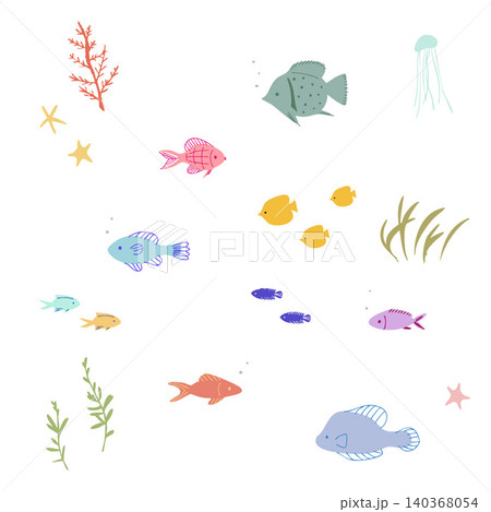 海の魚たちの手描きシームレス背景素材 140368054