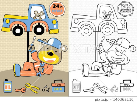 Cute bear fixing the car, mice on car, vector cartoon, coloring page or book Cute bear fixing the car, mice on car, vector cartoon, coloring page or book 140368116