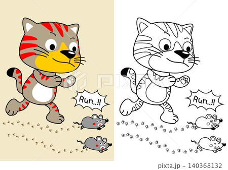 Funny cat hunting mice, vector cartoon illustration, coloring page or book Funny cat hunting mice, vector cartoon illustration, coloring page or book 140368132