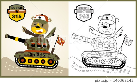vector cartoon of funny bear soldier driving armored vehicle, coloring page or book vector cartoon of funny bear soldier driving armored vehicle, coloring page or book 140368143