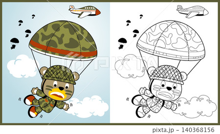 funny bear soldier skydiving, vector cartoon illustration, coloring book or page 140368156