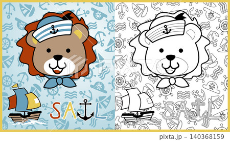 vector cartoon of cute lion the sailor with sail boat on sailing element background pattern, coloring book or page vector cartoon of cute lion the sailor with sail boat on sailing element background pattern, coloring book or page 140368159
