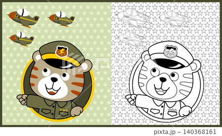 vector cartoon of funny cat soldier with jet plane on stars background pattern, coloring book or page vector cartoon of funny cat soldier with jet plane on stars background pattern, coloring book or page 140368161