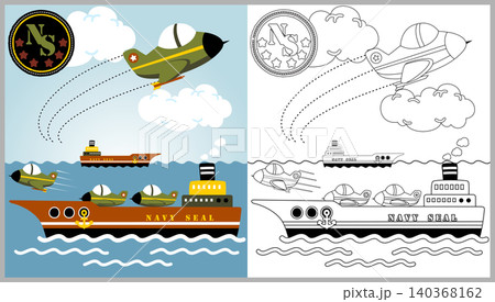 sea war fleet cartoon, vector cartoon illustration, coloring book or page 140368162