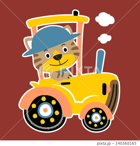 Funny cat on yellow tractor, vector cartoon illustration Funny cat on yellow tractor, vector cartoon illustration 140368165