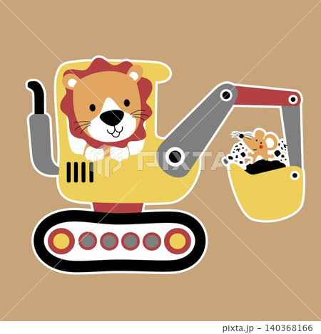 funny lion with mice on construction vehicle, vector cartoon illustration funny lion with mice on construction vehicle, vector cartoon illustration 140368166