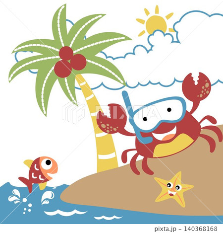 Funny crab wearing diving goggles with starfish and fish in the beach at summer, vector cartoon illustration 140368168