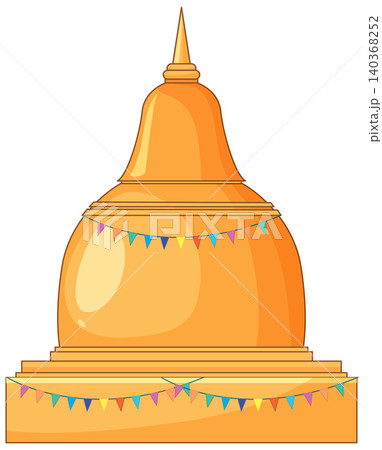 Golden Buddhist Pagoda Stupa with Colorful Festival Bunting Decoration Golden Buddhist Pagoda Stupa with Colorful Festival Bunting Decoration 140368252