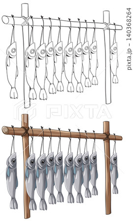 Vector Illustration of Fish Hanging on a Wooden Drying Rack Vector Illustration of Fish Hanging on a Wooden Drying Rack 140368264