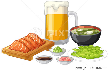 Japanese Salmon Sashimi Meal with Beer and Miso Soup Vector Japanese Salmon Sashimi Meal with Beer and Miso Soup Vector 140368268