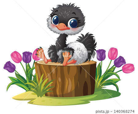 Cute Cartoon Baby Ostrich Sitting on a Tree Stump with Tulips Cute Cartoon Baby Ostrich Sitting on a Tree Stump with Tulips 140368274