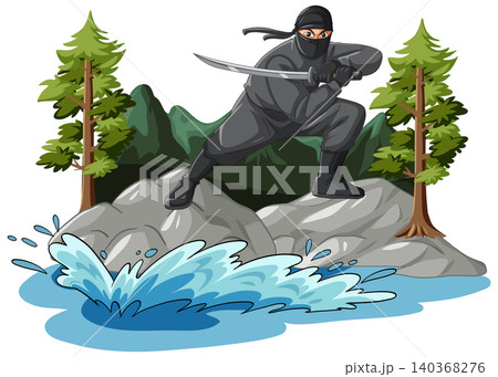 Ninja Warrior Crouching on Rocks with Katana Sword in Nature Ninja Warrior Crouching on Rocks with Katana Sword in Nature 140368276
