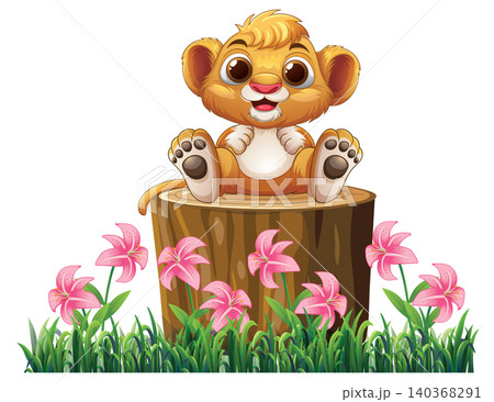 Adorable Baby Lion Cub Sitting on Wood Stump Surrounded by Pink Lilies Adorable Baby Lion Cub Sitting on Wood Stump Surrounded by Pink Lilies 140368291