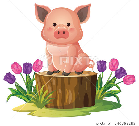 Cute Pink Pig Sitting on a Tree Stump with Spring Tulips 140368295
