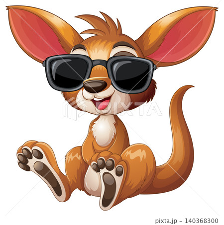Cute Cartoon Baby Kangaroo Wearing Sunglasses Sitting on White Background 140368300