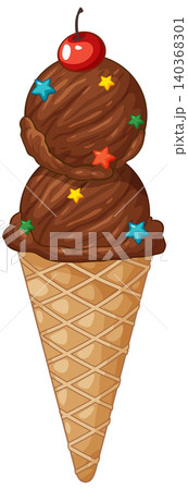 Double Scoop Chocolate Ice Cream Cone with Star Sprinkles and Cherry Double Scoop Chocolate Ice Cream Cone with Star Sprinkles and Cherry 140368301