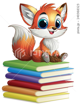 Cute Cartoon Baby Fox Sitting on a Stack of Colorful Books Cute Cartoon Baby Fox Sitting on a Stack of Colorful Books 140368323