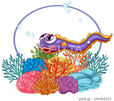 Cartoon Moray Eel Swimming Over Colorful Coral Reef With Bubbles 140368325