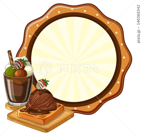 Chocolate Ice Cream Waffle and Sundae with Blank Circular Signboard Chocolate Ice Cream Waffle and Sundae with Blank Circular Signboard 140368342