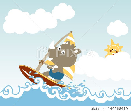 Cute rhino play windsurf in the beach, smiling sun behind clouds, vector cartoon illustration Cute rhino play windsurf in the beach, smiling sun behind clouds, vector cartoon illustration 140368419