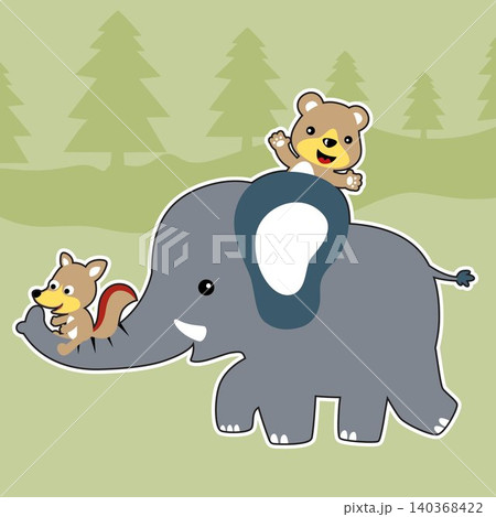 Little bear with fox playing ride on elephant, vector cartoon illustration Little bear with fox playing ride on elephant, vector cartoon illustration 140368422