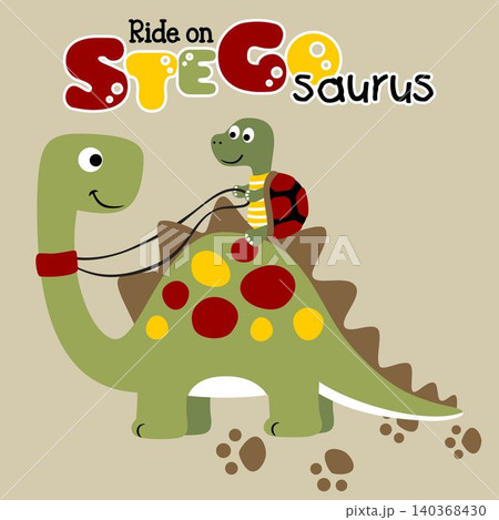 Funny tortoise ride on dinosaur, vector cartoon illustration 140368430