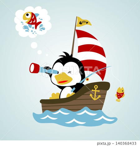 cute penguin fishing on sailboat while holding binocular, vector cartoon illustration cute penguin fishing on sailboat while holding binocular, vector cartoon illustration 140368433