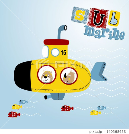 cute rhino and leopard in submarine undersea with fish, vector cartoon illustration cute rhino and leopard in submarine undersea with fish, vector cartoon illustration 140368438