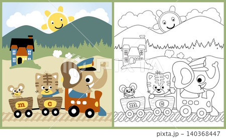 vector cartoon of cute animals on steam train on landscape background, coloring page or book vector cartoon of cute animals on steam train on landscape background, coloring page or book 140368447