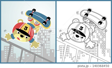 vector cartoon of cute bear skateboarding on building background, coloring page or book 140368450