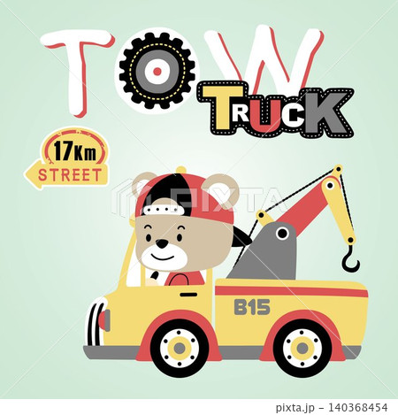 Cute bear driving tow truck, vector cartoon illustration 140368454