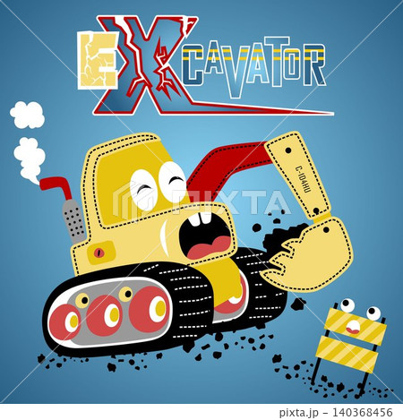 Funny construction vehicle with construction barrier, vector cartoon illustration Funny construction vehicle with construction barrier, vector cartoon illustration 140368456