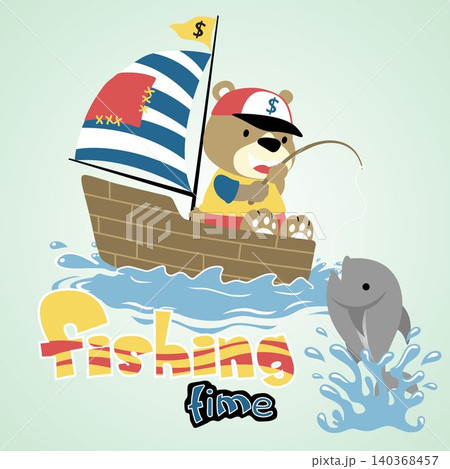 Funny bear fishing on sailboat, vector cartoon illustration Funny bear fishing on sailboat, vector cartoon illustration 140368457