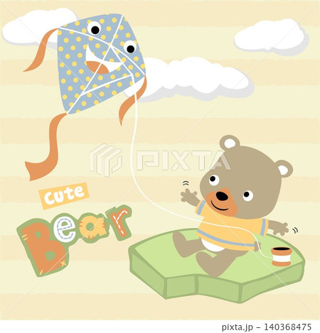 vector cartoon of cute bear playing kite on striped background 140368475
