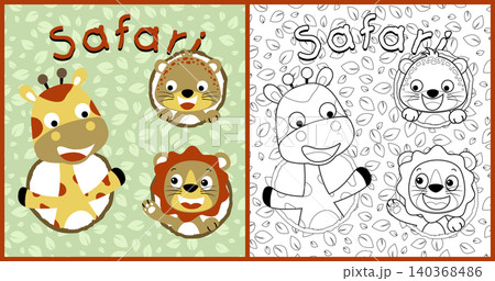 vector cartoon of cute animals on leaves background pattern, coloring book or page 140368486