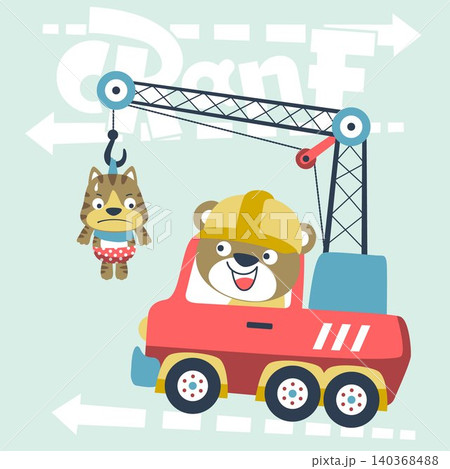 vector cartoon illustration of cute bear on crane truck with kitten 140368488