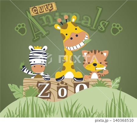 vector cartoon of cute animals in zoo text plank timber vector cartoon of cute animals in zoo text plank timber 140368510